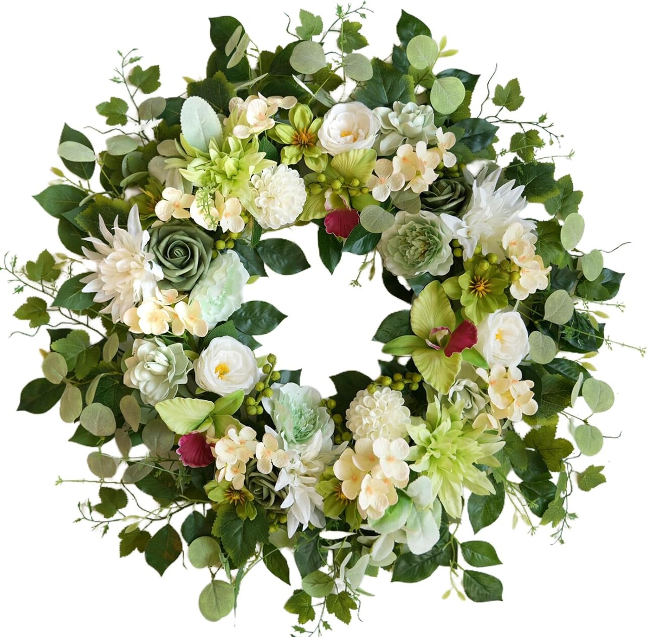 Spring Wreaths for Front Door, 24" Artificial Green & White Floral Wreath with Peony & Hydrangea – Spring Summer Indoor Outdoor Wreath for Home, Wall, Porch, Wedding & Party Décor